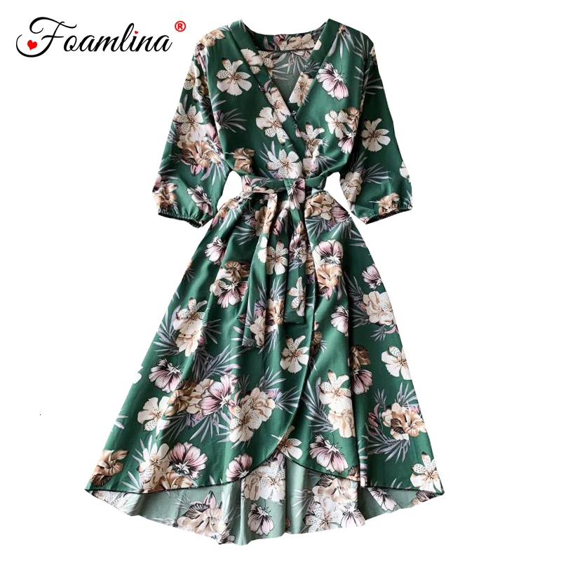Foamlina платье с цветочным рисунком, Осеннее женское платье для вечеринки, сексуальное, v-образный вырез, рукав 3/4, пояс с бантом, винтажный стиль, женские вечерние платья, элегантное платье