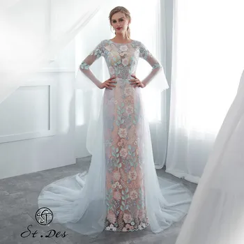 

S.T.DES Evening Dress 2020 New Arrival Straight O-neck Sky Blue Long Sleeve Designer Floor Length Party Dress Dinner Dress