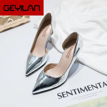 

Women Pumps Shoes Fashion Patent Leather 8cm Thin High Heels Pointed Toe Slip-On Solid Lady Party Sexy Female Shoes U14-34