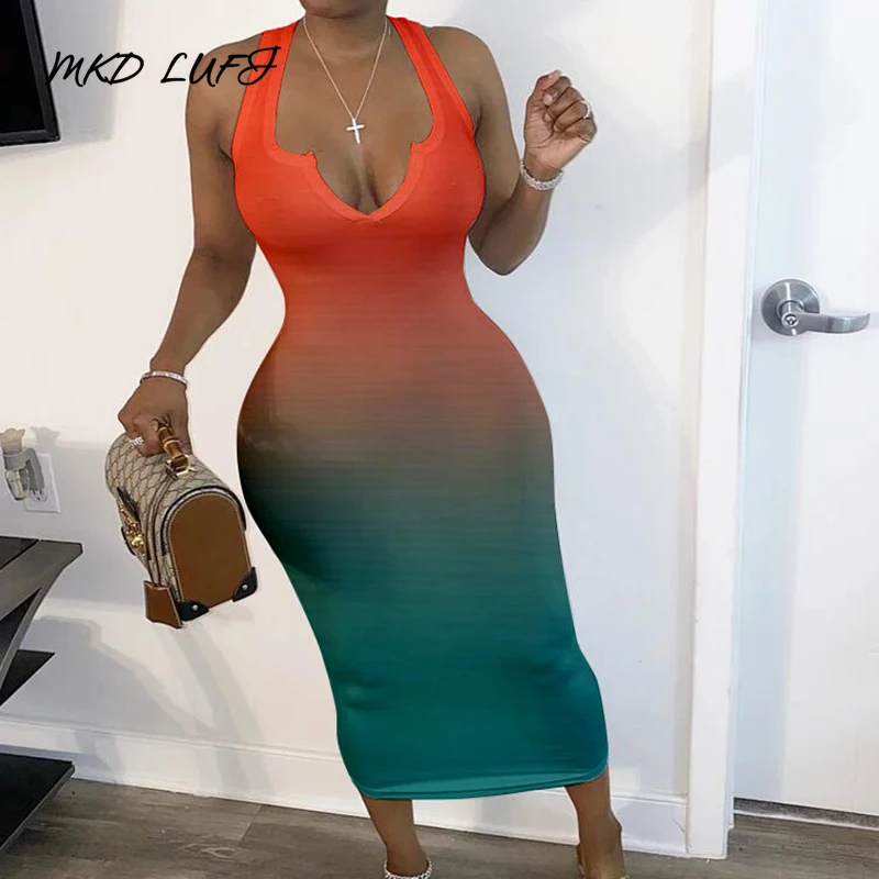Mid-Calf Print Sleeveless Pullover Gradient Dress Women V Neck Thick Strap Sheath Bodycon Dresses | Женская одежда