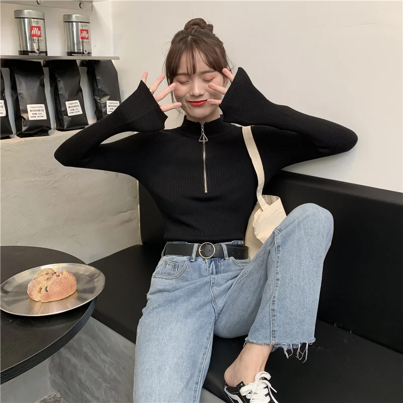 

New Style for Autumn and Winter 2020 Large Size Dress Half-Collar Ring Zipper Short Tight Slim Bottom Knitted Sweater for Women