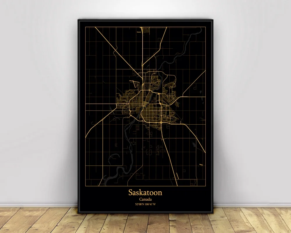 Saskatoon Canada Black & Gold City Light Maps Custom World City Map Poster Stampe Su Tela Wall Art In Stile Nordico Home Decor