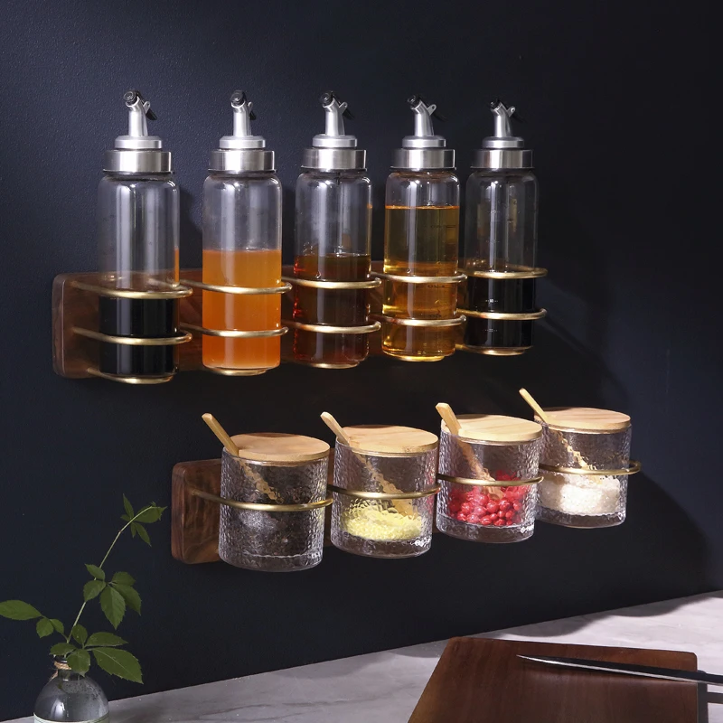  Brass and Black Walnut Wood Kitchen Shelf Seasoning Jars Spice Rack with Glass Cup Wall-mounted Pun - 4000299480787