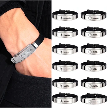 

New Men's Alert Id Bracelets Bangles Stainless Steel Silicone Type 1/2 Diabetes Epilepsy Alzheimer'S Emergency Jewelry