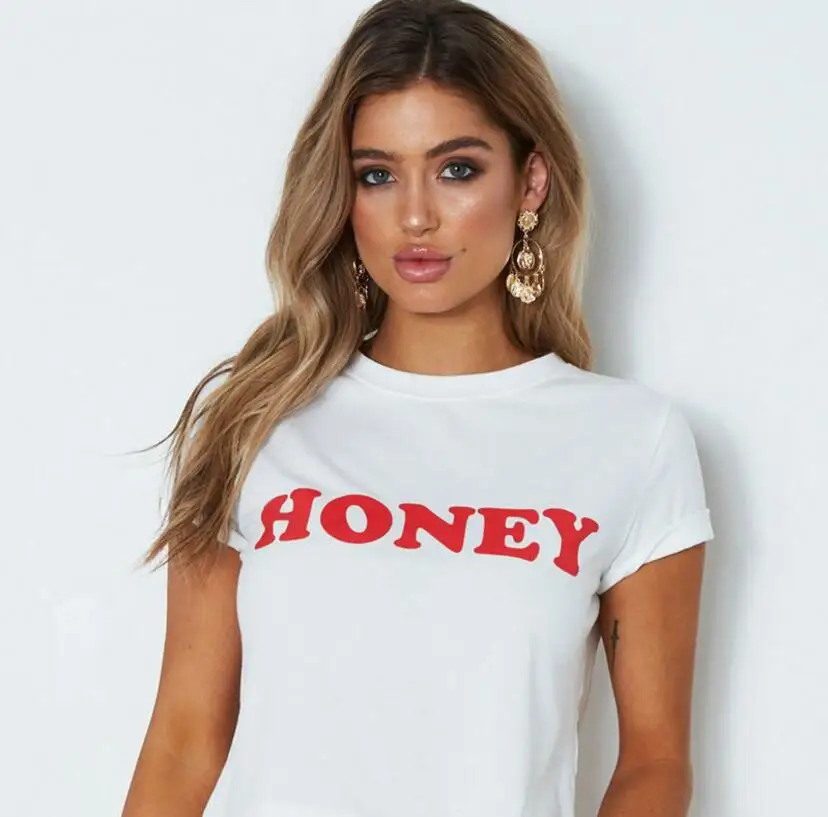 

HONEY Red Letters Print Cotton Casual Funny T Shirt for Lady Top Tee Hipster Tumblr Tee Shirt Women Summer WQT-1925