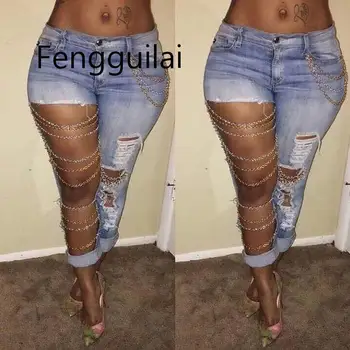 

2020 Hot Sale Autumn Spring Fashion metal chainWomen Denim Skinny Ripped Pants Stretch Jeans Slim Pencil Trousers S-XL