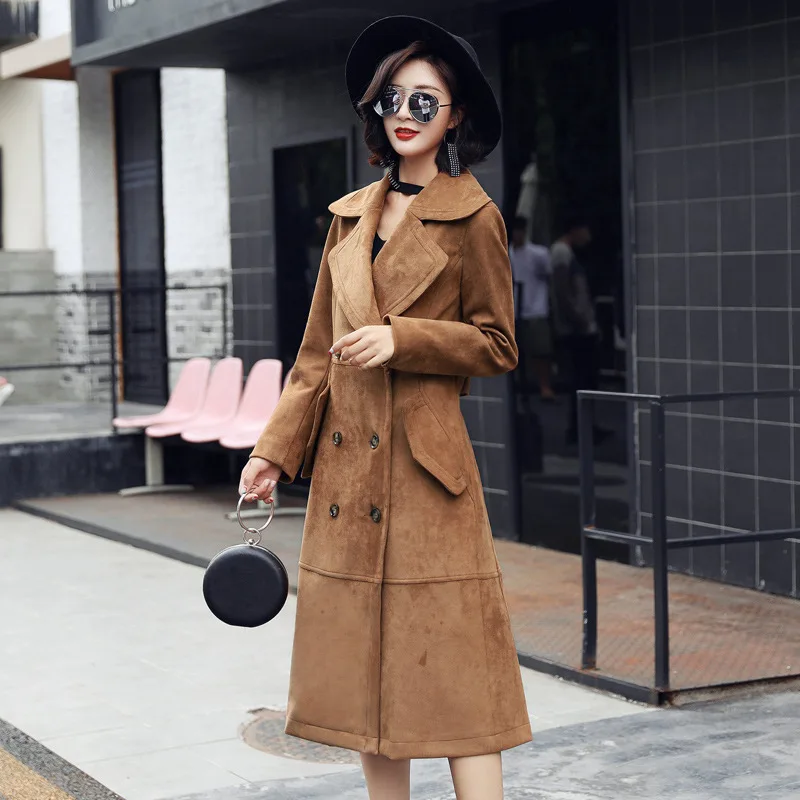 

Boollili Winter Trench Coat Womens Classical Double Breasted Windbreaker Long Sleeve Suede Female Overcoat Hot Sale