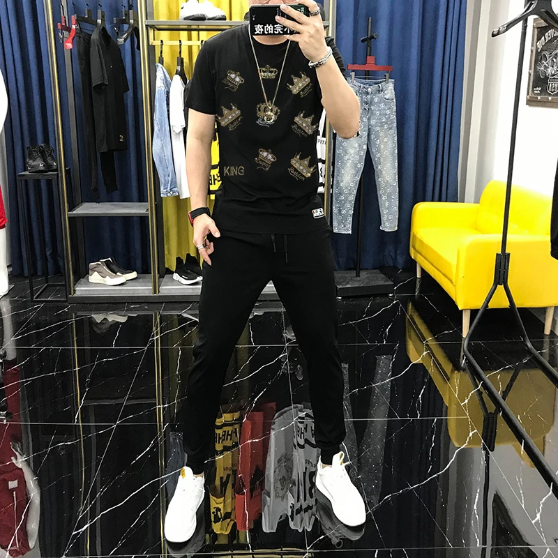

Hip-Hop Streetwear Crown Hot Diamond Shiny Cotton Comfortable Track Suit Men's Sets T-Shirt Jogging Couple Sweatshirt + Pants