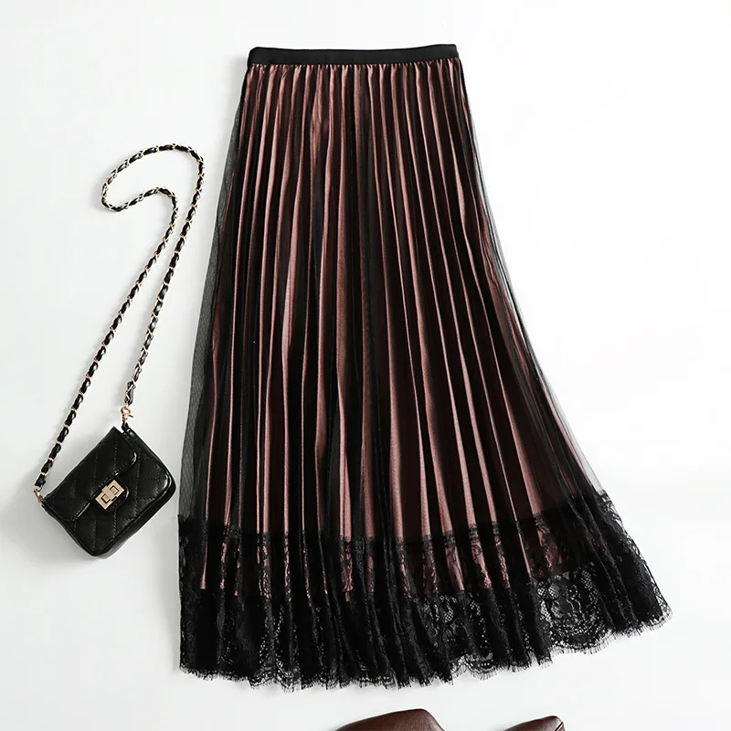 Осенняя юбка с кружевами, плиссированная юбка с высокой талией и оборками, Золотая плиссированная юбка, фатиновая юбка, плиссированные длинные юбки