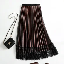 Осенняя юбка с кружевами, плиссированная юбка с высокой талией и оборками, Золотая плиссированная юбка, фатиновая юбка, плиссированные длинные юбки
