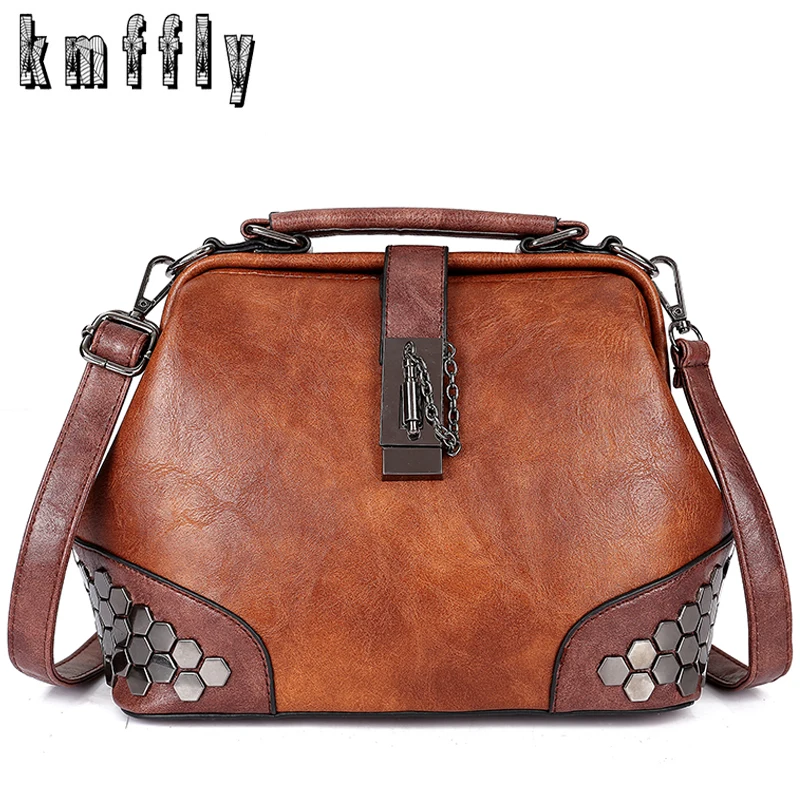 

Women Handbag PU Leather Small Doctor Bag Women Shoulder Bag Female Crossbody Handbag Lock Chain Rivets Vintage Messenger Bags