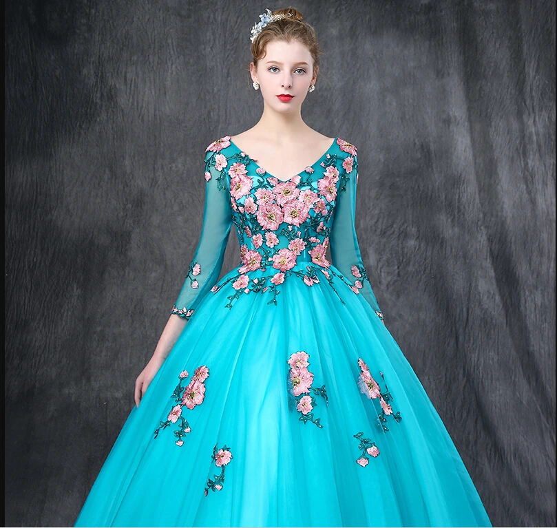 vestido de festa Голубое Кружевное с аппликацией бальное платье для выпускного вечера 3/4 рукав скромный v-образный вырез Бальные платья