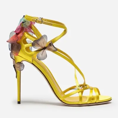 Butterfly Winding Dream Blue Fine-heeled Sandals Ribbon Flowers High-heeled Shoes Large Size Foreign Trade Women's Shoes - Цвет: Цвет: желтый