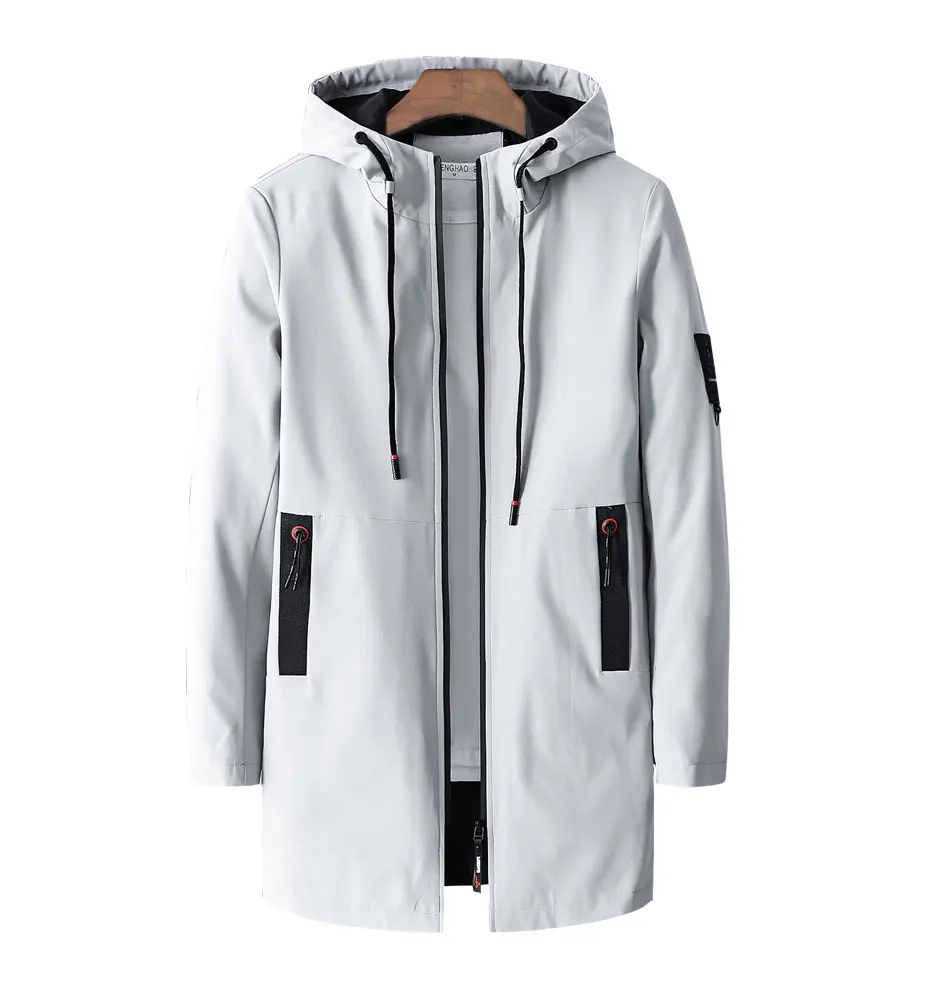 2019 осень Для мужчин s Тренч куртка с капюшоном в стиле casual однотонный комплект с эластичной резинкой ветровка карман длинные пальто на