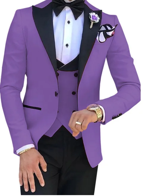 Purple Мужские костюмы из 3 предметов, приталенные деловые костюмы, смокинги для жениха, цвета шампанского, благородные, серые, белые, для официальных свадеб, костюм(Блейзер+ брюки+ V - Цвет: Purple