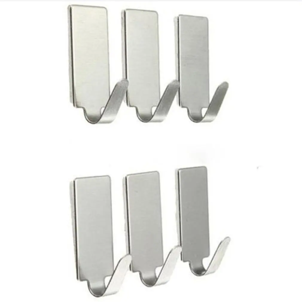6PCS Self Adhesive Hooks Strong Hanger Home Wall Door Hanger Stainless Steel Holder Hook Hanger for Kitchen Bathroom