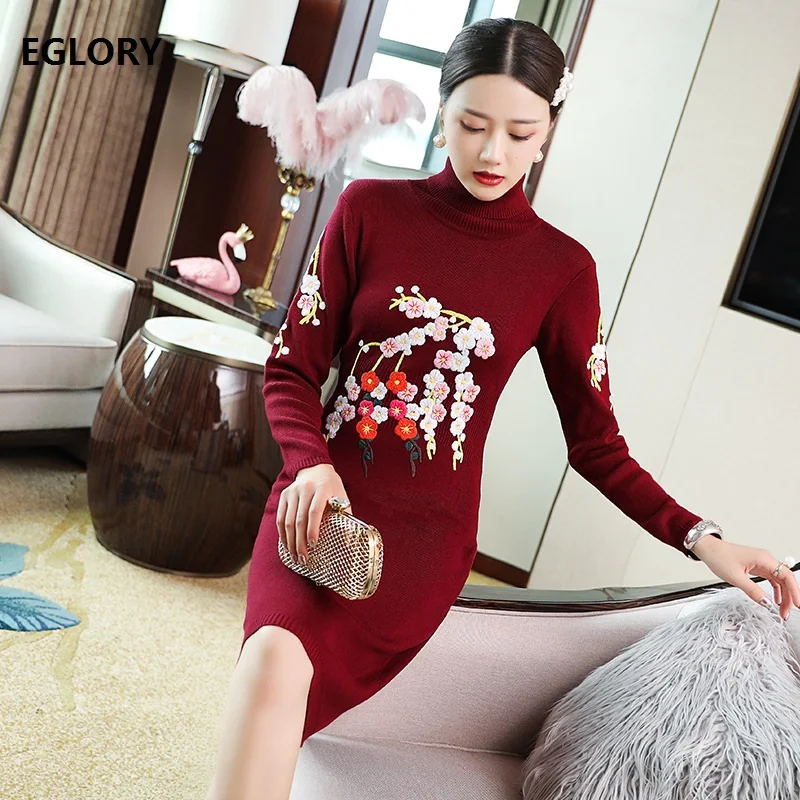 #Special Offers Turtleneck Sweater Dress 2019 Autumn Winter Knitted Dress Women Floral Embroidery Knit Long Sleeve Blue Black Red Jumper Dress