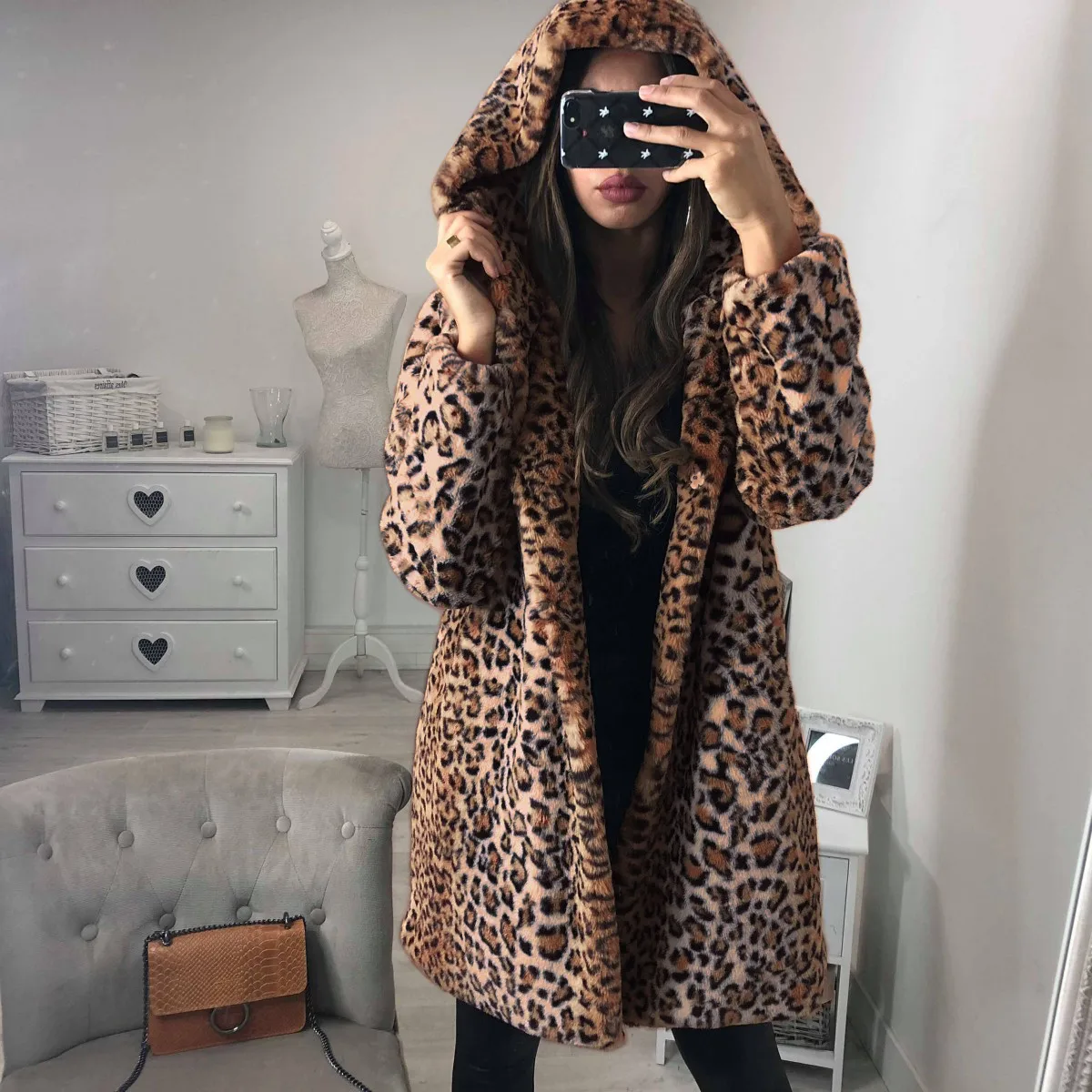 Women's Faux Fur coat Collar Classic Leopard Medium Long Coat female ladies plus Hooded Autumn winter Warm outwear tops