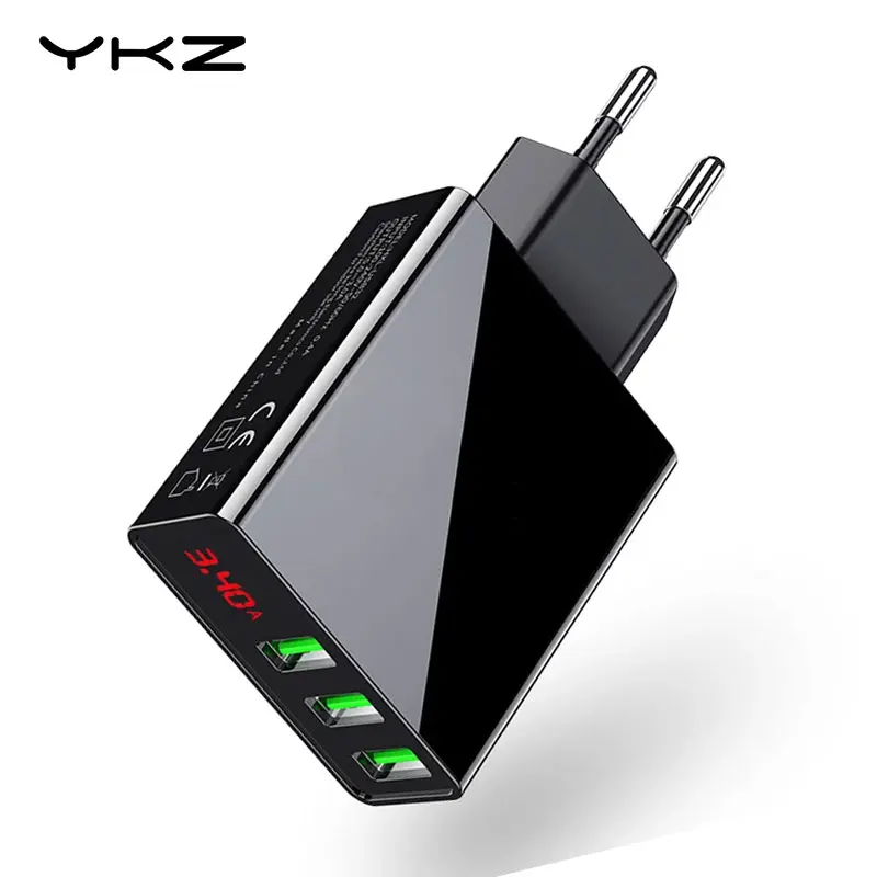 

YKZ 3 USB Charger LED Display 3 ports Fast Phone Charger Travel Wall Charger for iPhone Samsung Xiaomi EU US Smart Chargers