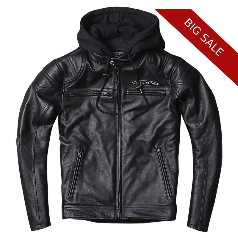 

2020 Black Men American Hood Motorcycle Leather Jacket Genuine Thick Cowhide Slim Fit Short Russian Biker's Leather Jacket