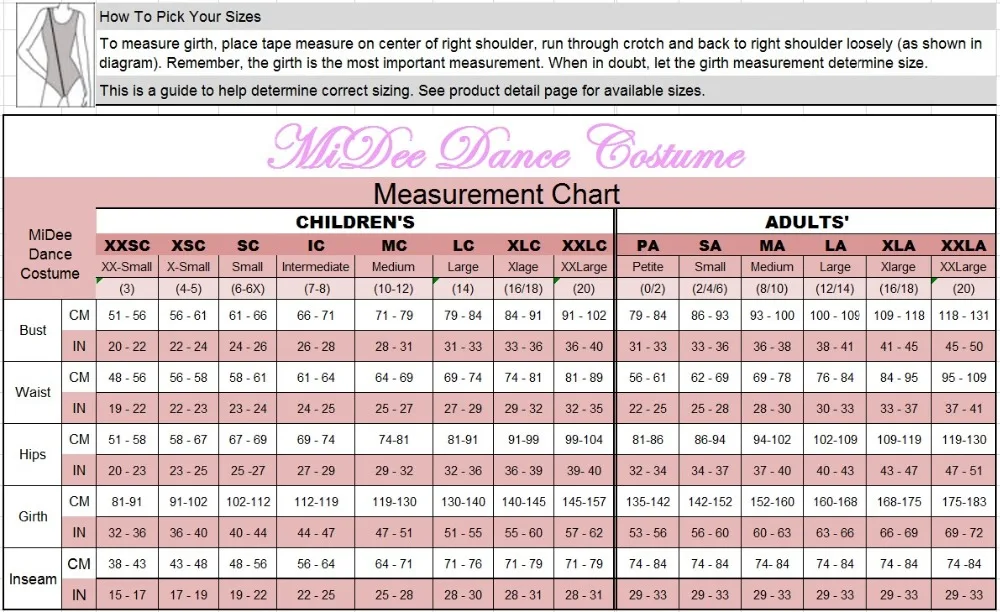 MiDee size chart