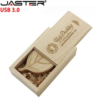 

JASTER USB 3.0 Custom LOGO wooden leaf + packing box usb flash drive Memory stick pendriver 8GB 16GB pendrive 32GB 64GB gift