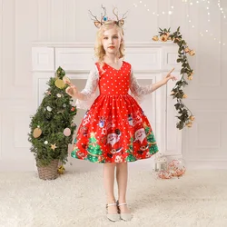Printing Red Christmas Half SleevesDress Formal Party Kids Dresses for Girls Princess Pageant A-Line Children Clothing 4-10Years