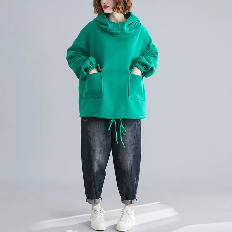 HG осенне-зимняя одежда для женщин, плюс размер, толстовка Lazy Oaf, толстовки для женщин, большой карман, плюс бархат, сохраняющий тепло, модные топы XJ2756