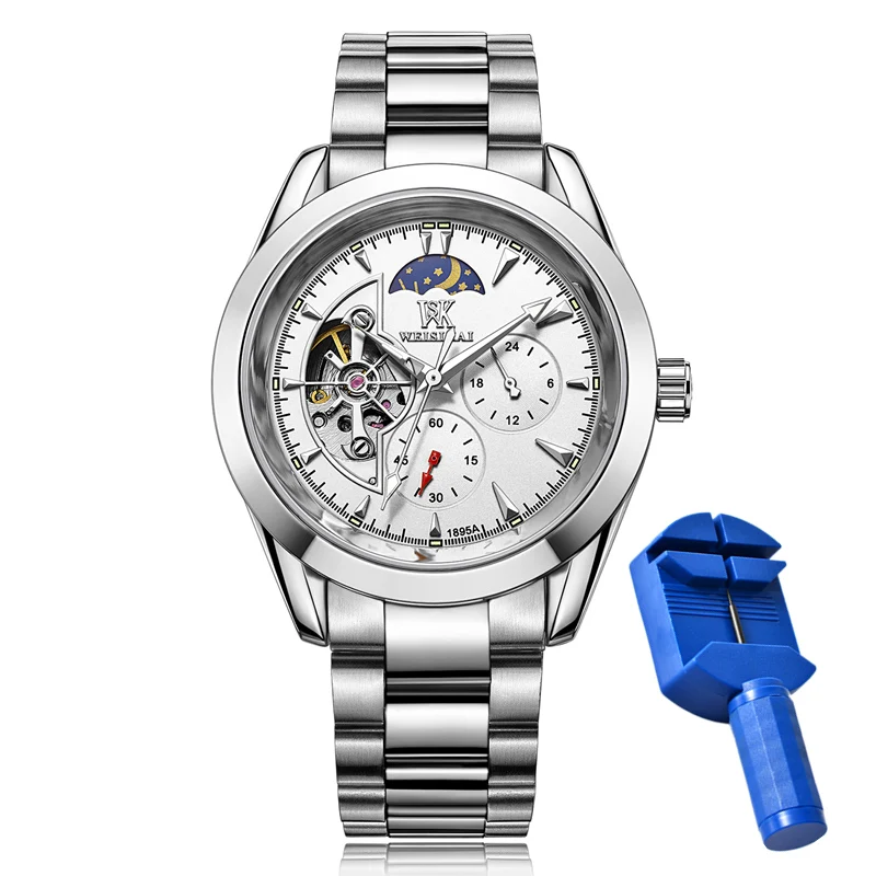 Automatic Mechanical Watches for Men Fashion Tourbillon Moon Phase Luminous Hands Stainless Steel Wristband Male Clock Gift 795 