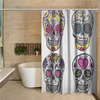 

Skull 3D Printed Shower Curtain Colorful Ornate Mexican Sugar Skull Set with Flower and Heart Pattern Calavera Humor Hotel