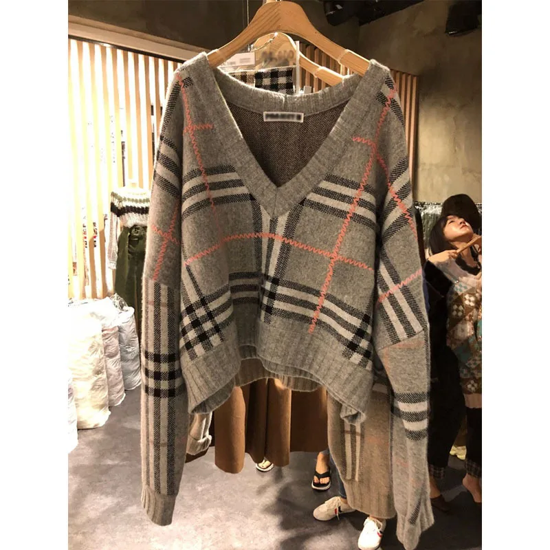 

V-neck Laziness-Style Plaid Retro Sweater Women's 2019 Autumn And Winter New Style Loose-Fit Pullover INS Tops Network Red Sweat