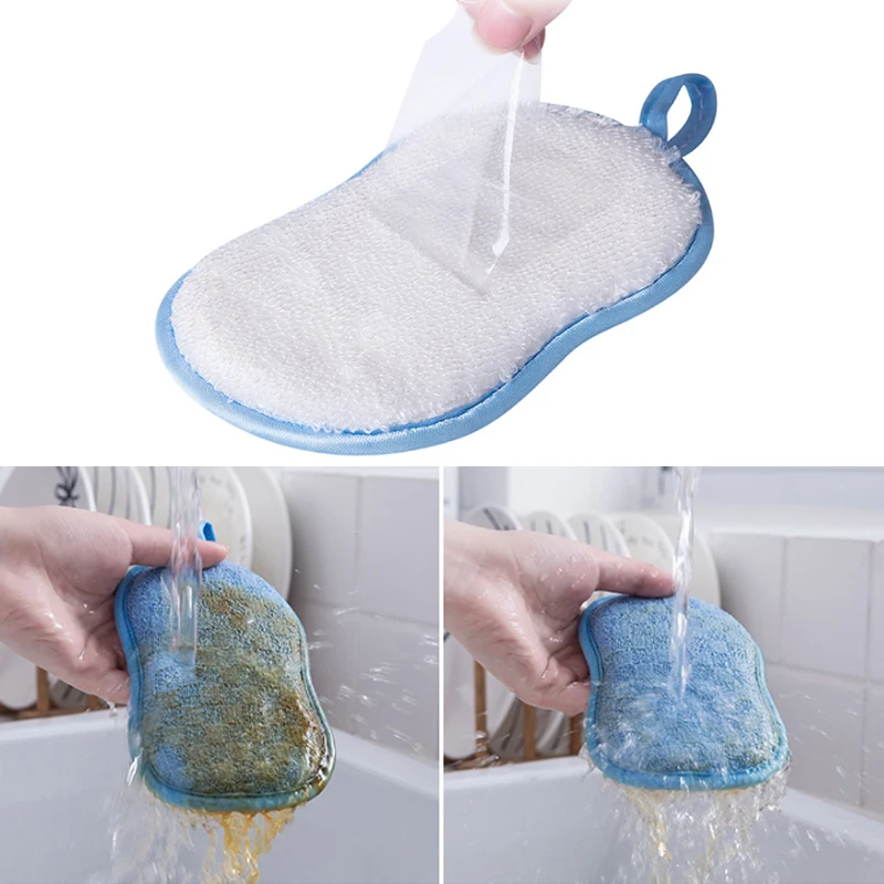 Kitchen Sponge Cleaning Sponge with Plastic Handle, Magic Decontamination Cleaning Brush and Dishwashing Brush, Suitable for Tableware, Non-Stick