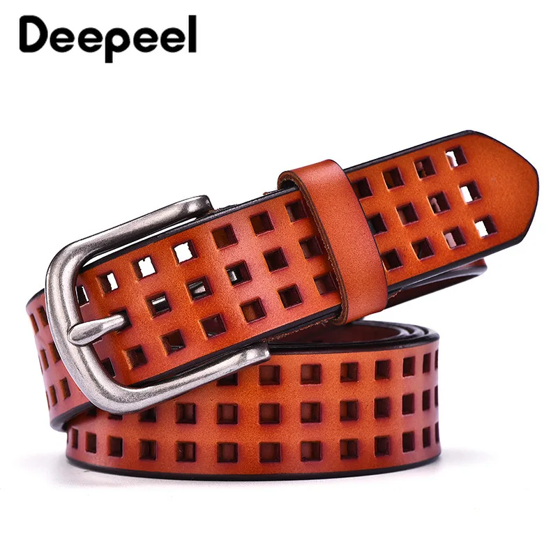 Deepeel 1pc 105/110/115cm Fashion Designer Geometric Hollow Belts for Women Wild Second Layer Cowhide Pin Buckles Leather Belt