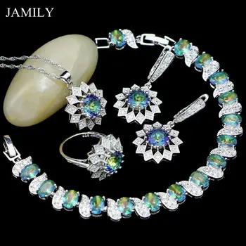 

Beautiful Rainbow Cubic Zirconia Jewelry Sets for Women Drop Earrings/Pendant/Ring/Necklace/Silver Bracelet Set