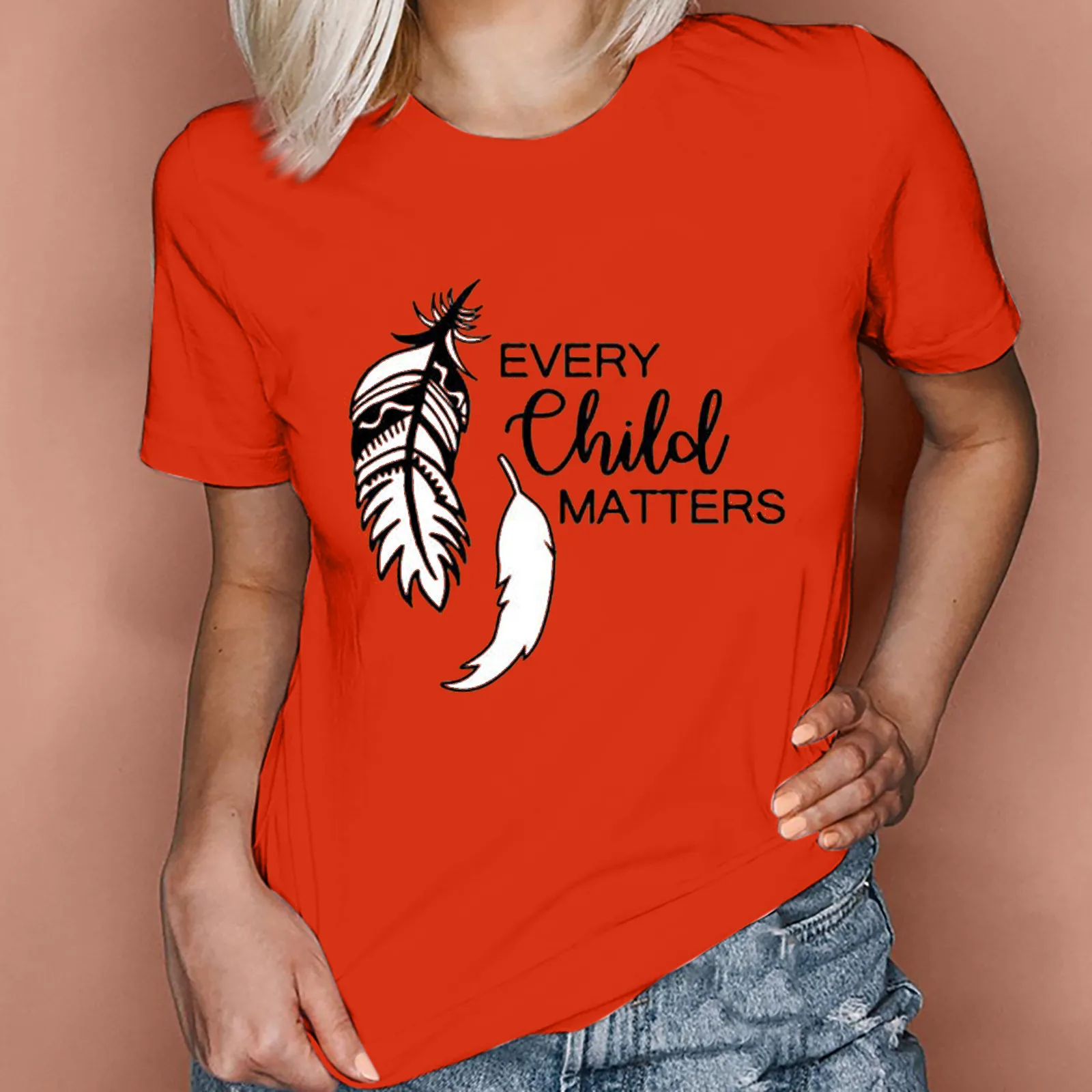 Women's Clothing Orange Festival Casual Printed T-shirt O-Neck Short Sleeve Tops Tee Harajuku Orange T-shirt Every Child Matters 1