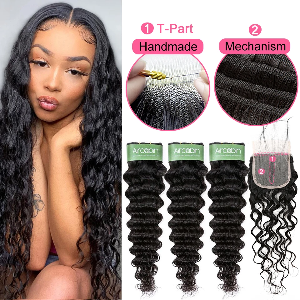 Deep Wave Bundles With Closure Human Hair T Part 1X4 HD Lace Closure 3 Bundles With Closure Hair Extensions Human Hair Brazilian