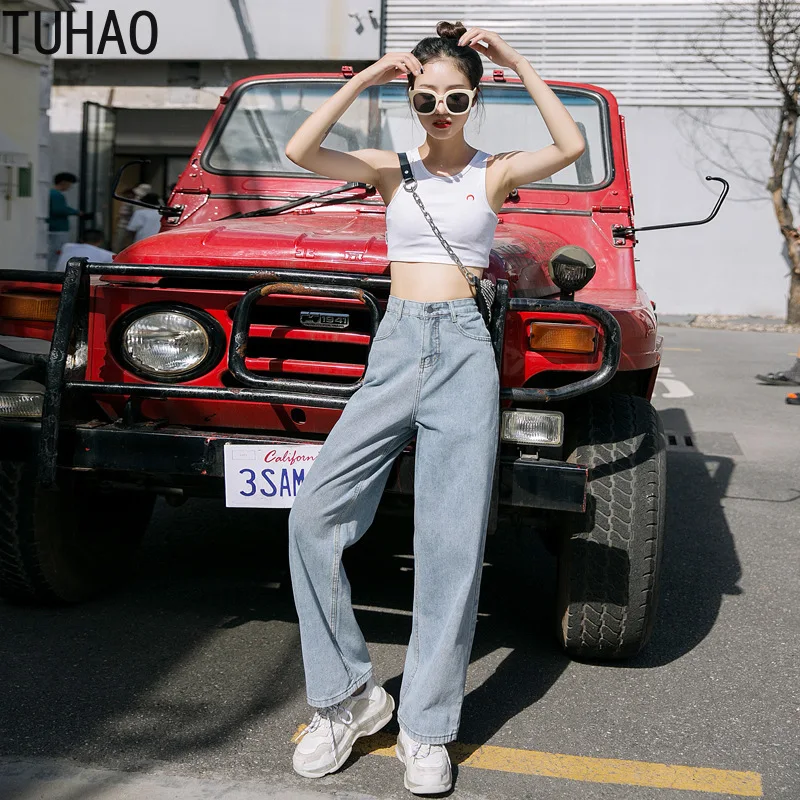 TUHAO Plus Size 5XL 4XL 3XL Women Boyfriend Wide Leg Women Blue Denim Jeans Pants Trousers Loose Autumn Casual Jeans LZ01