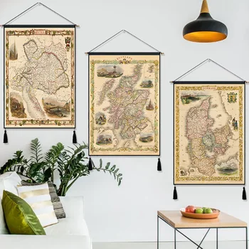 

John Tallis 1851 World Maps Scotland Denmark Hanging Cloth Cotton Line Paintings Posters Home Decor Wall Hanging Tapestry Gift