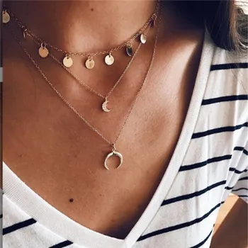 

Modyle intage Antique Silver Sequins Moon Pendant Chokers Necklaces Multi Layer Necklace Collar for Women Boho Jewelry