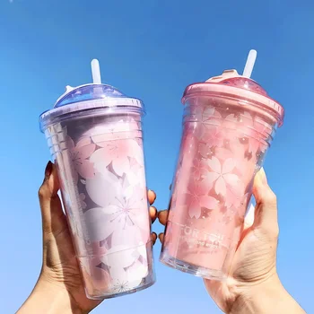 

Ins 430ML Plastic Cup Water Bottle Ice Coffee Juice Milk Drink Bottle Summer Cool Double-layer Couple Transparent Straw Cup