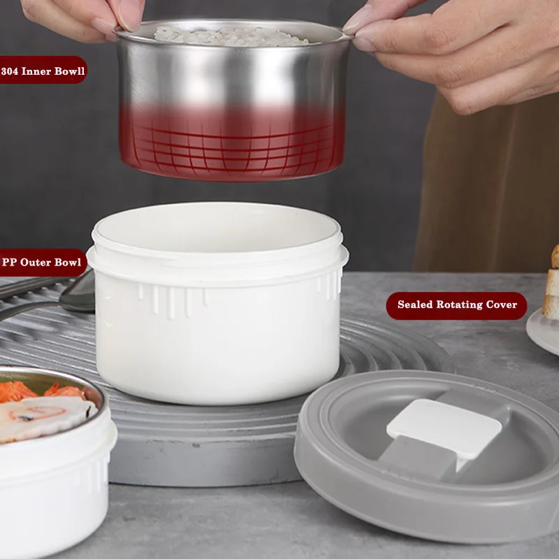 304 Stainless Steel Thermos Lunch Box Round Leak-Proof Multilayer Sealed Insulated Food Storage Container Work School Bento Box 2.6 Liter