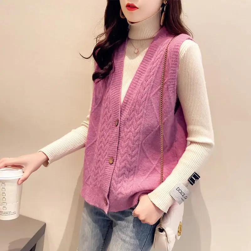

Pink Japan Spring Fall Korean V-neck Knit Sleeveless Sweater Vest Loose Coat Outcoat Lady Top Cloth for Women girl Waistcoat