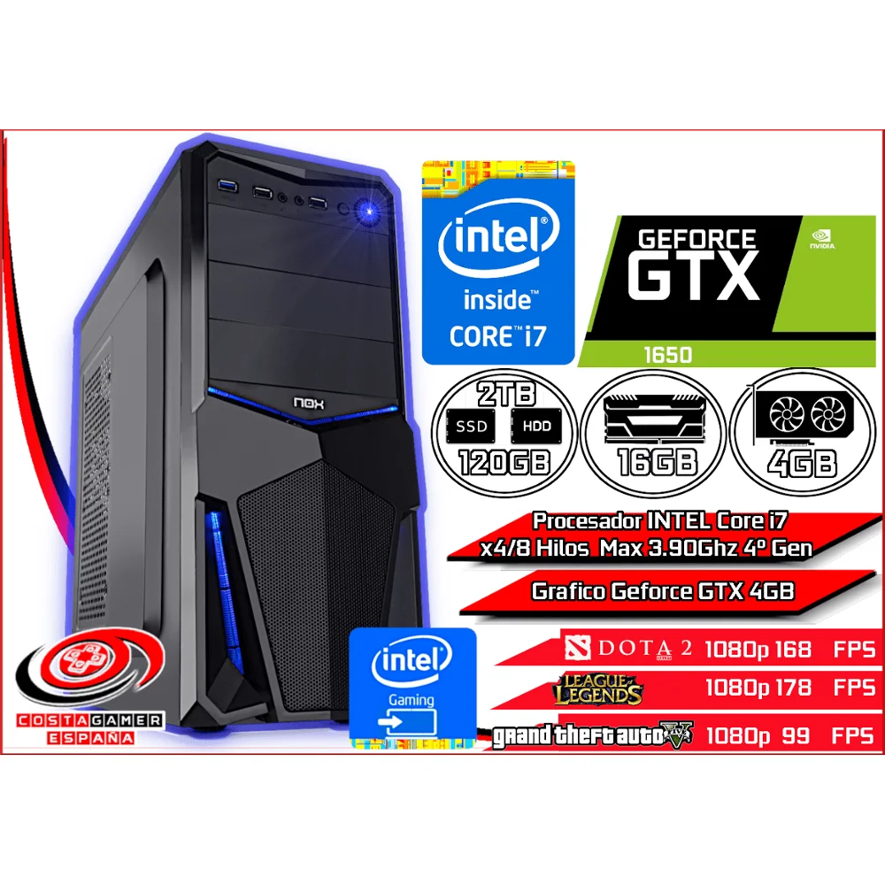 Ordenador Gamer Intel Core i7 x8 3.90Ghz 16GB Ram 120GB SSD + 2TB HDD GTX 1650 4GB- GTX 1060 3GB- GT 710 2GB LP + WIFI + WIN