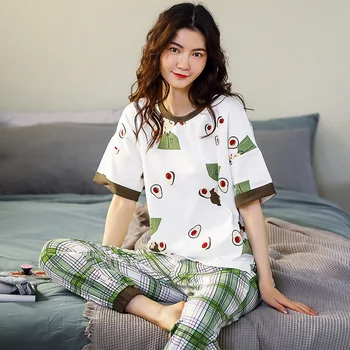 

2020 New Summer Pure Cotton Short-sleeved Plaid Suit Soft Casual Korean Style Trendy Pajama Suit Cartoons Pajamas for Teen Girls