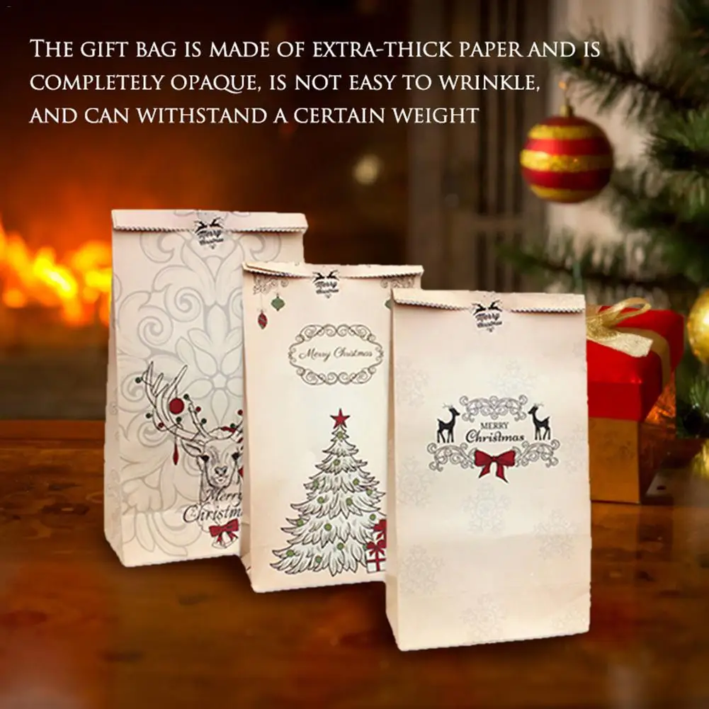 24pcs Christmas Kraft Paper Bag Xmas Stickers Set Moose Gift Paper Bag Stickers Xmas Candy Food Cookies Packing Paper Bags 40p