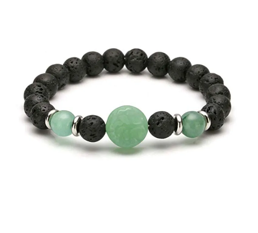 

FYJS Unique Natural Green Aventurine Engraved Tree of Life Connect 8 mm Round Beads Black Lava Stone Elastic Bracelet
