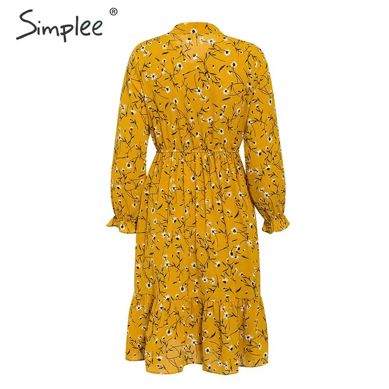 Simplee, повседневное женское осеннее платье, уличная одежда, с рюшами, с длинным рукавом, с цветочным рисунком, женское платье с высокой талией, с бантом, а-силуэт, облегающее, бохо платье
