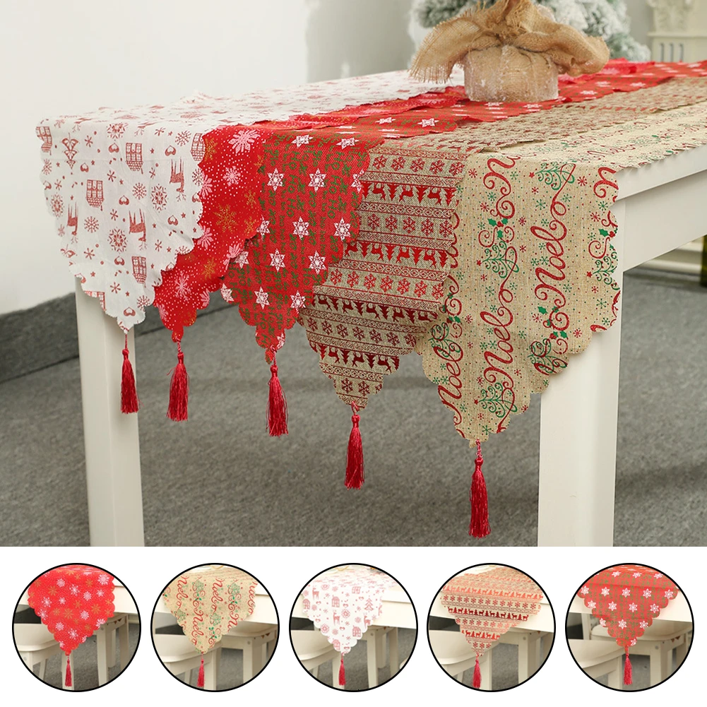 

180*35cm Christmas Table Runner And Tablecloth Linen Printed Tassel Christmas Ddecorations For Home Festival Table Flag Placemat