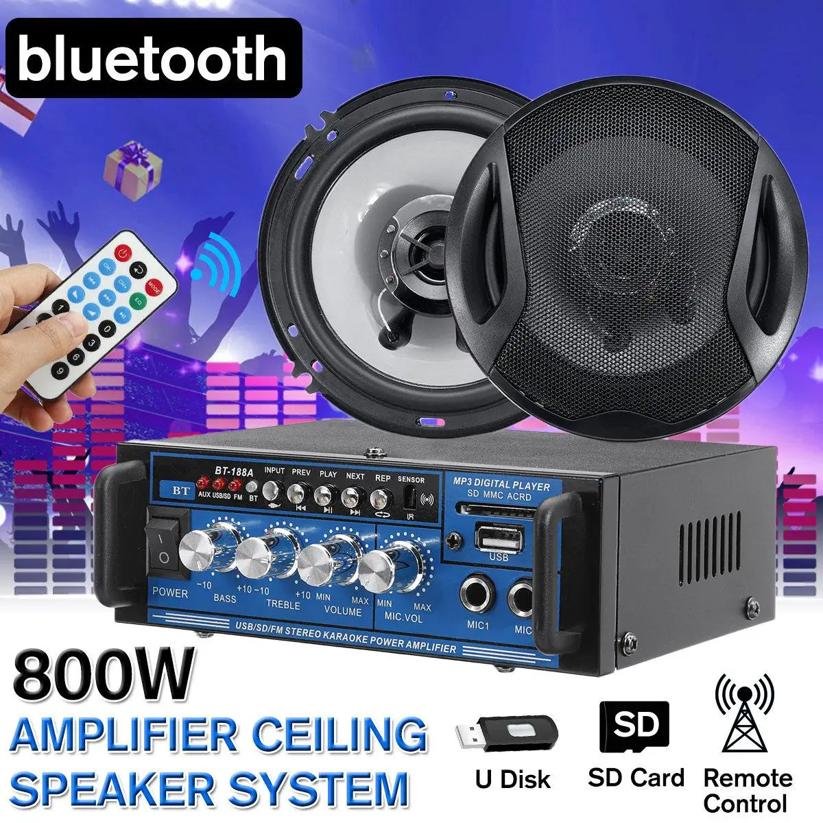 

bluetooth Amplifier with 6.5inch Ceiling Speaker Kit Home Stereo HIFI USB Power Audio Amplifier Remote Subwoofer 80W
