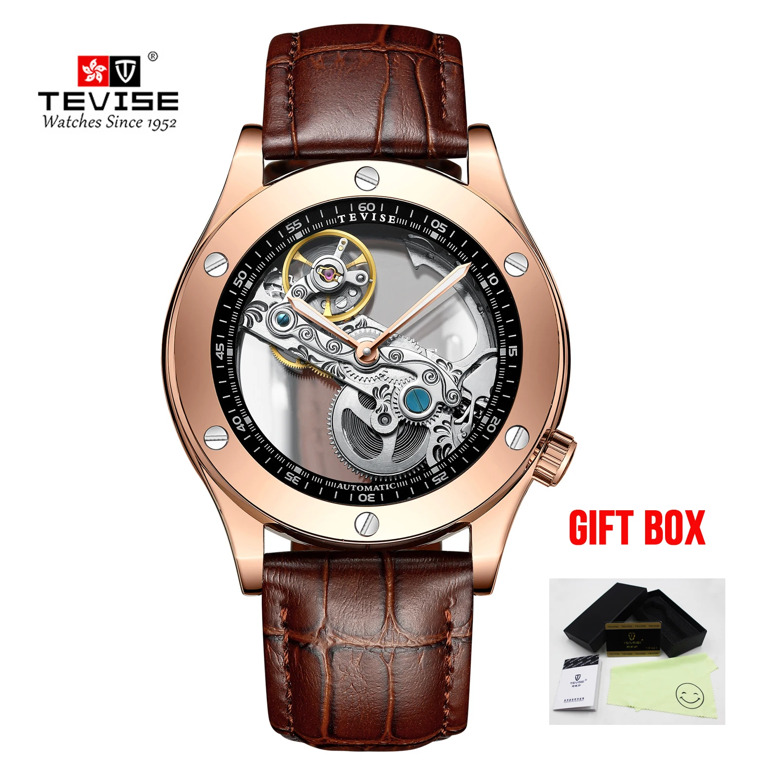 TEVISE мужские часы Топ бренд класса люкс Скелет турбийон автоматические механические часы мужские деловые часы Relogio Masculino - Цвет: rose gold
